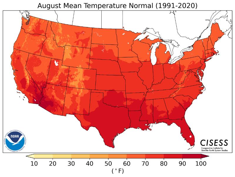 1991-2020 normal August average temperature