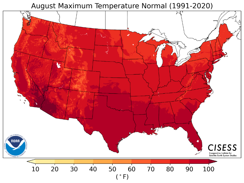 1991-2020 normal August maximum temperature