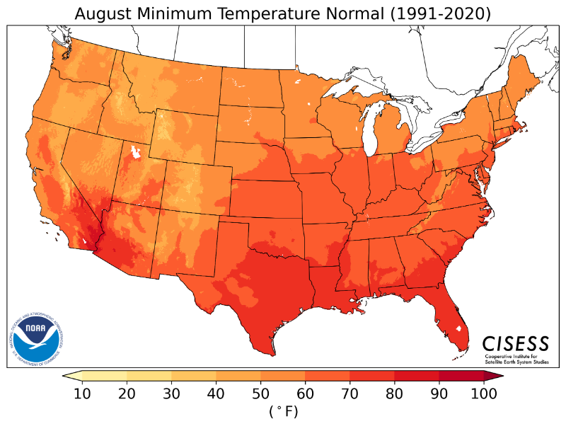 1991-2020 normal August minimum temperature