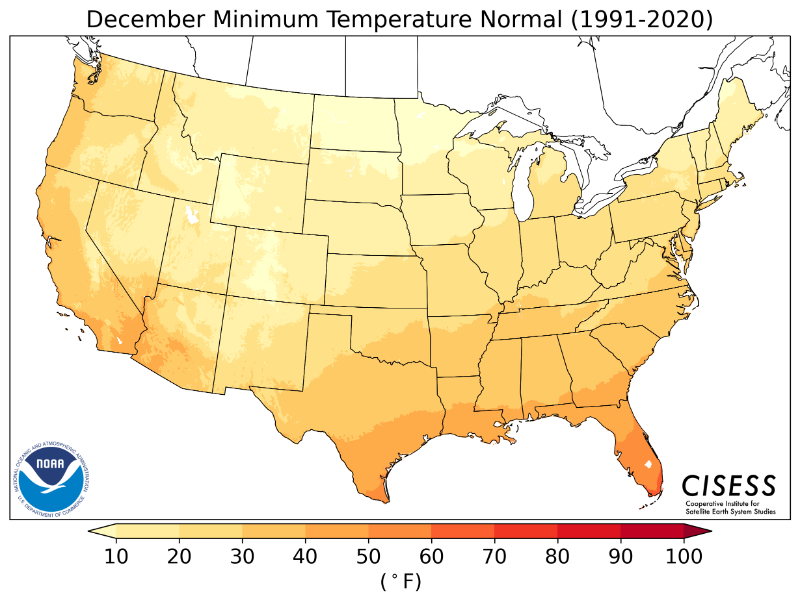 1991-2020 normal December minimum temperature