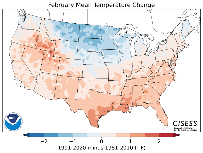 1981-2010 normal February average temperature difference