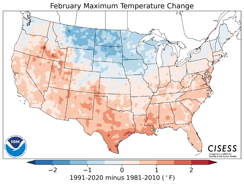1981-2010 normal February maximum temperature difference
