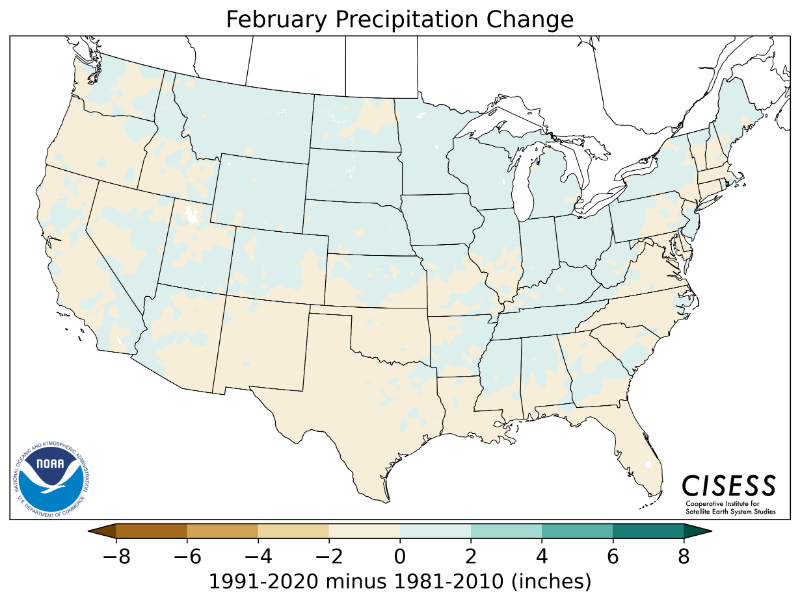 1981-2010 normal February precipitation value difference