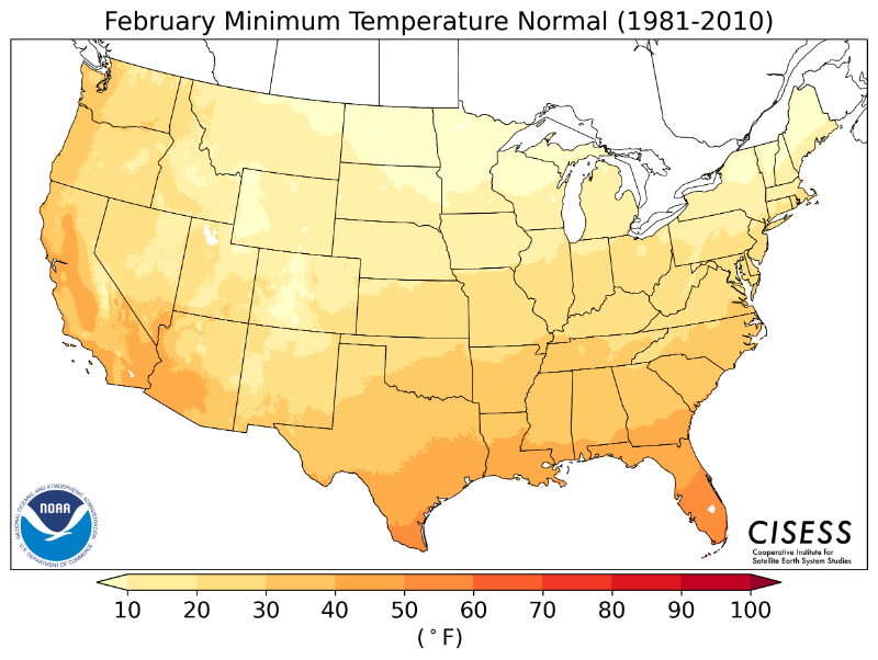 1981-2010 normal minimum temperature February