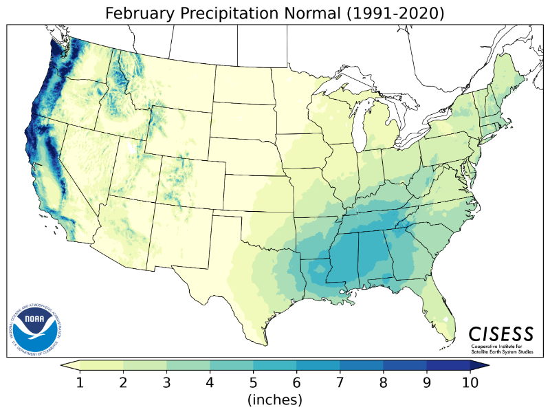 1991-2020 normal February precipitation