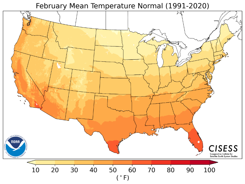 1991-2020 normal February average temperature