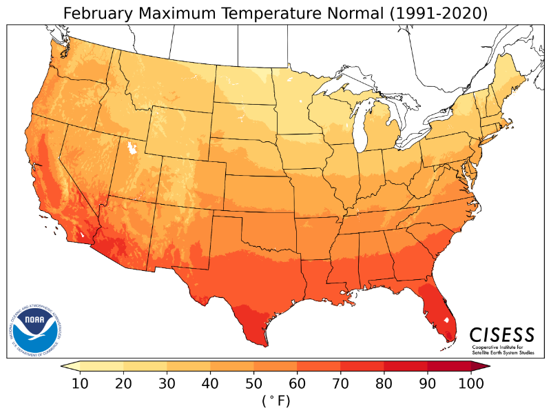 1991-2020 normal February maximum temperature