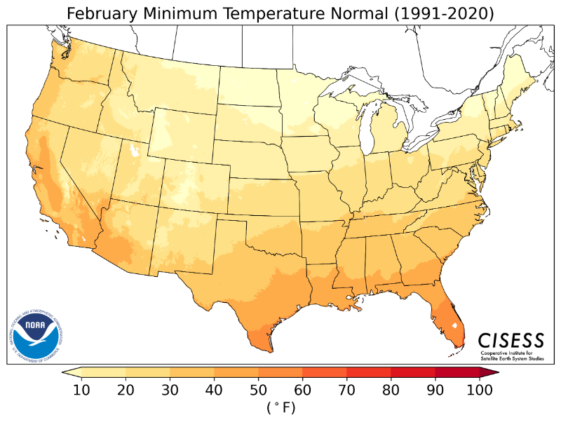 1991-2020 normal February minimum temperature
