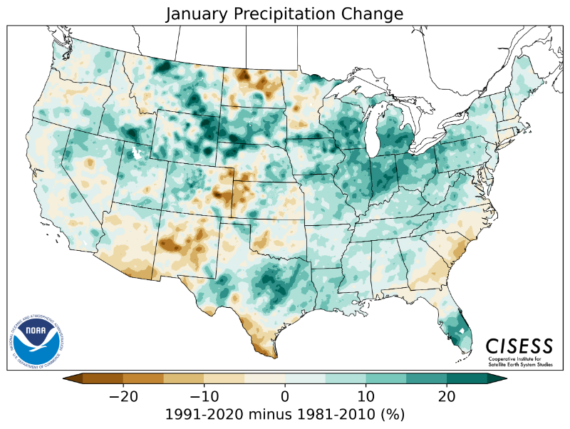 1981-2010 normal January precipitation percentage change