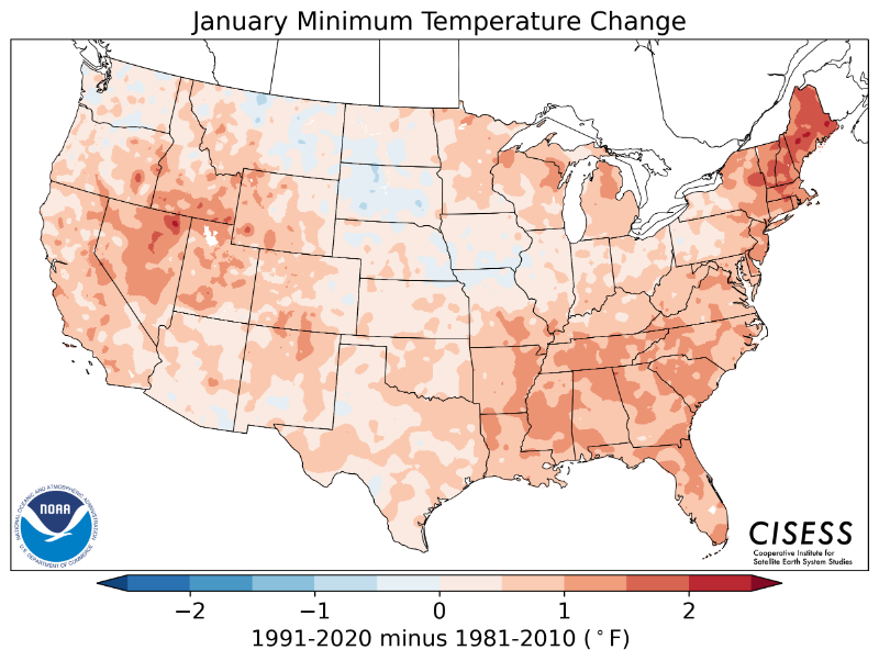 1981-2010 normal January minimum temperature difference