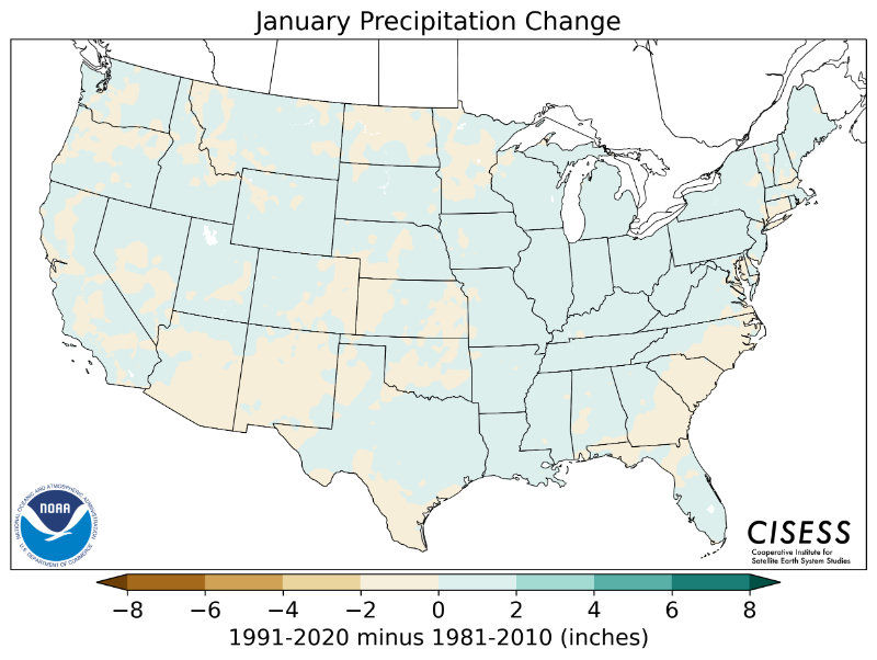 1981-2010 normal January precipitation value difference