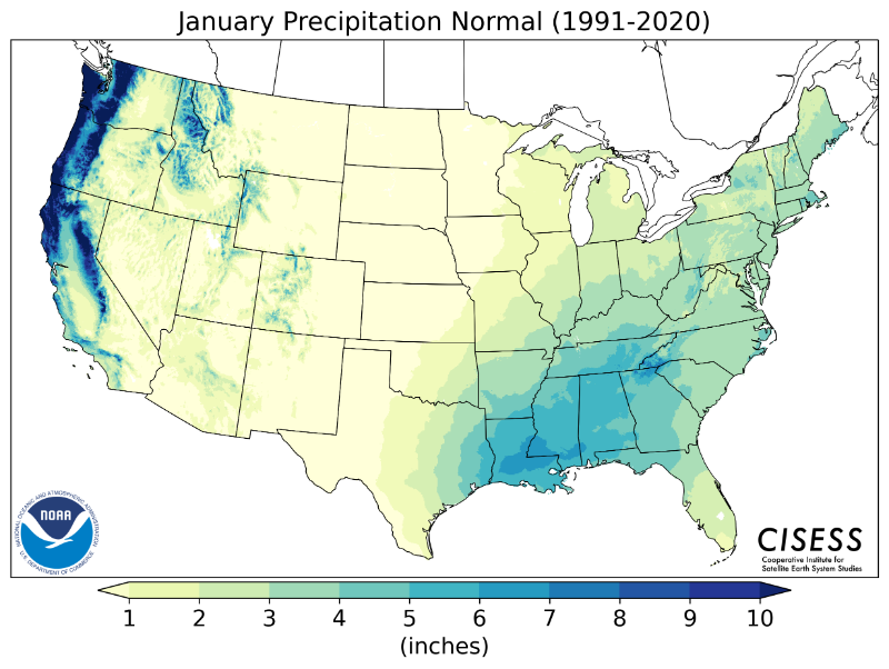1991-2020 normal January precipitation