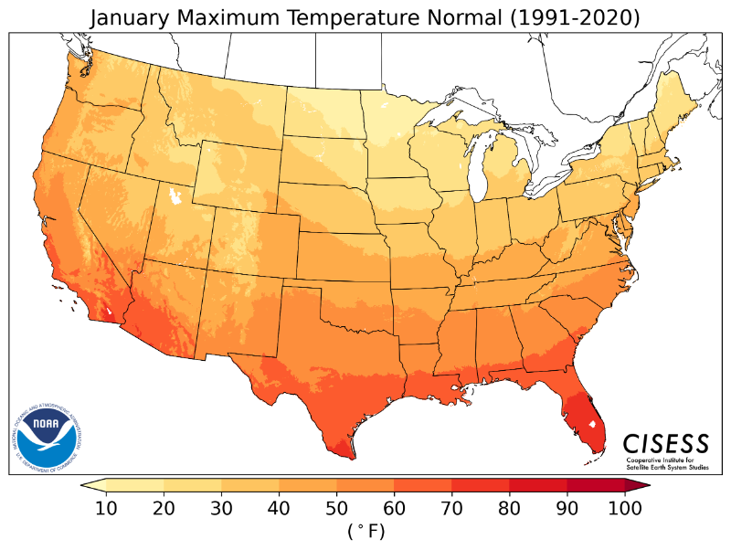1991-2020 normal January maximum temperature