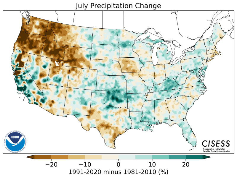 1981-2010 normal July precipitation percentage difference