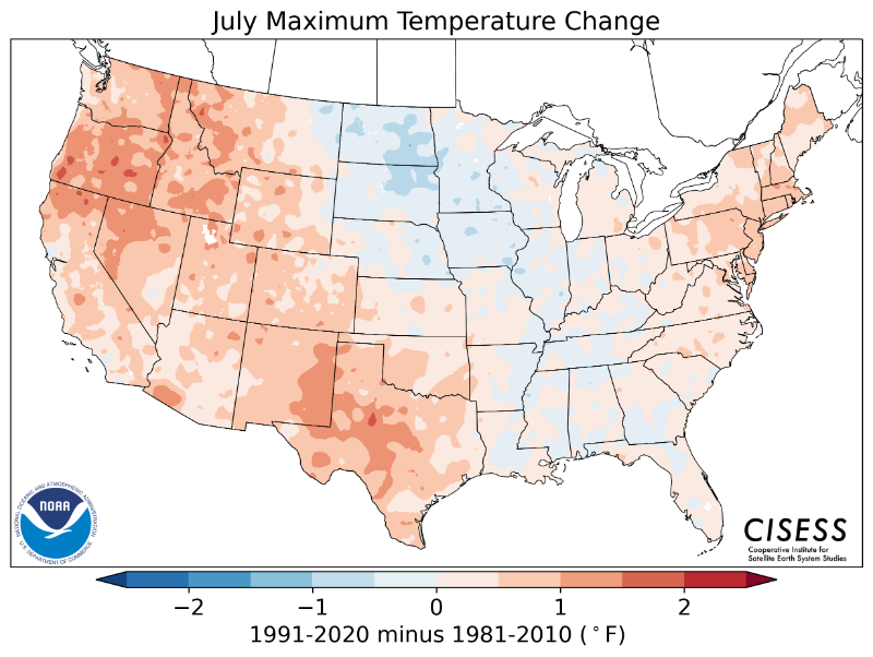 1981-2010 normal July maximum temperature difference