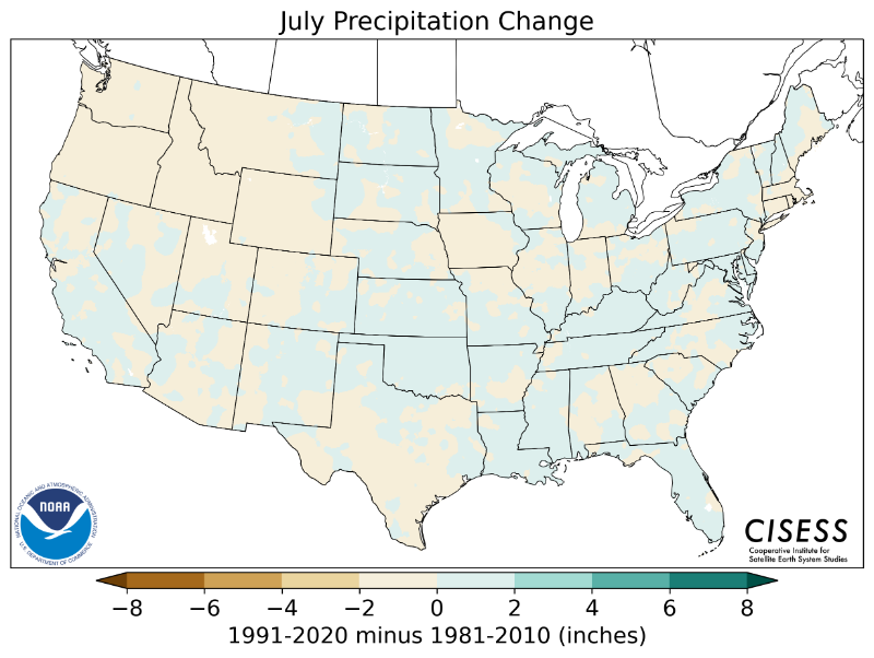 1981-2010 normal July precipitation value difference