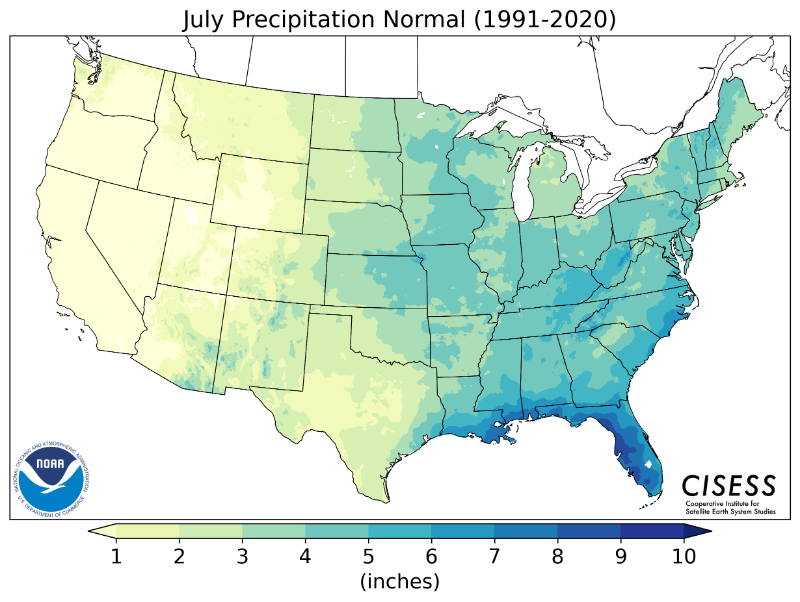 1991-2020 normal July precipitation