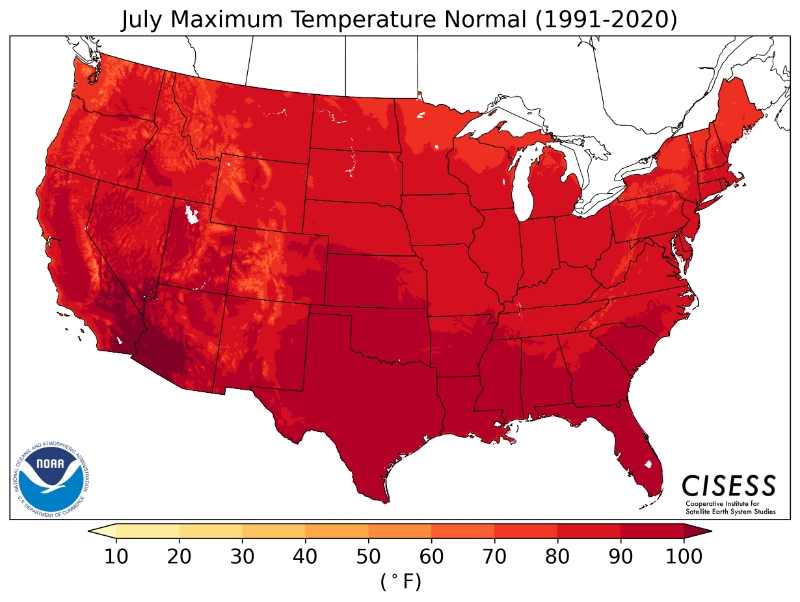 1991-2020 normal July maximum temperature