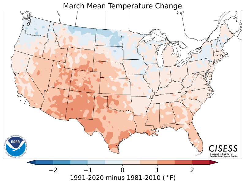 1981-2010 normal March average temperature difference