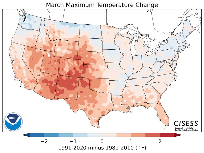 1981-2010 normal March maximum temperature difference