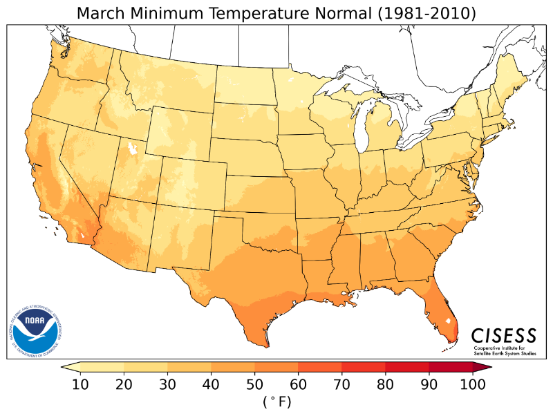1981-2010 normal minimum temperature March