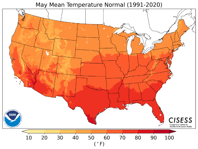 1991-2020 normal May average temperature
