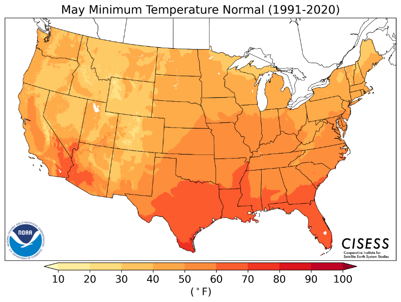 1991-2020 normal May minimum temperature