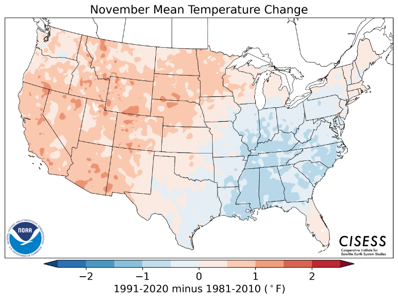 1981-2010 normal November average temperature difference