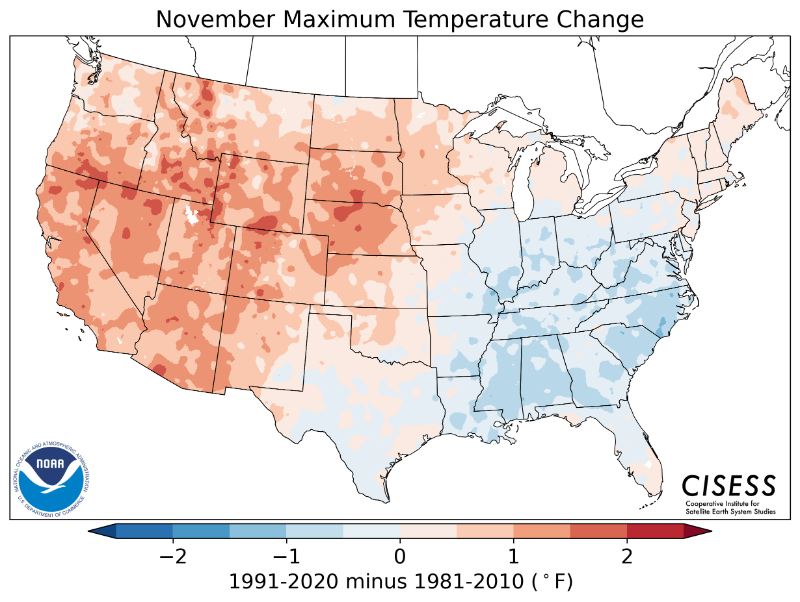 1981-2010 normal November maximum temperature difference
