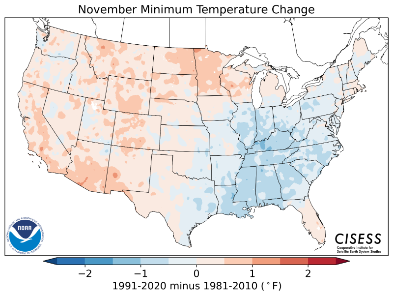 1981-2010 normal November minimum temperature difference