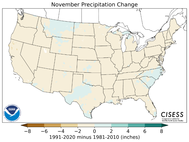 1981-2010 normal November precipitation value difference