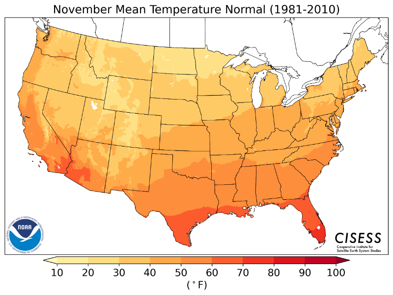 1981-2010 normal average temperature November