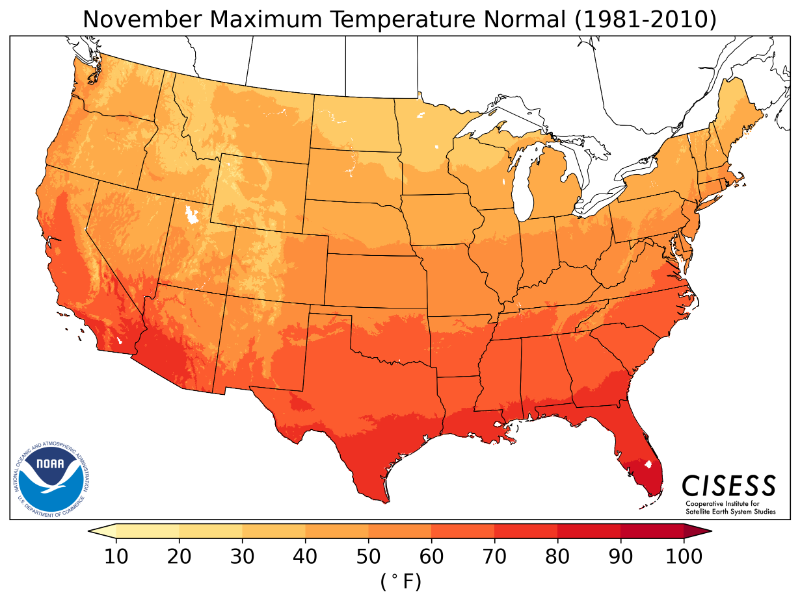 1981-2010 normal maximum temperature November