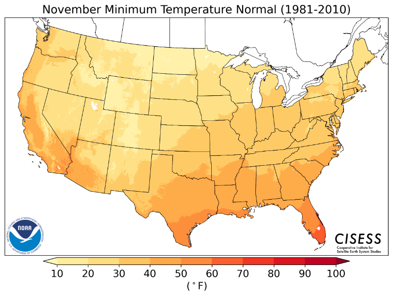 1981-2010 normal minimum temperature November