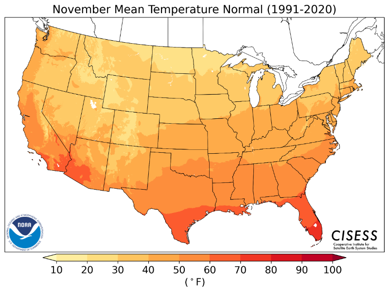 1991-2020 normal November average temperature