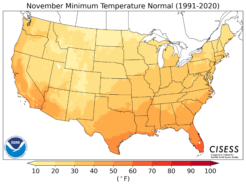 1991-2020 normal November minimum temperature