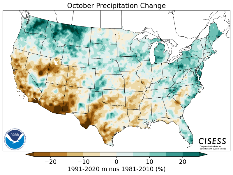 1981-2010 normal October precipitation percentage differenc