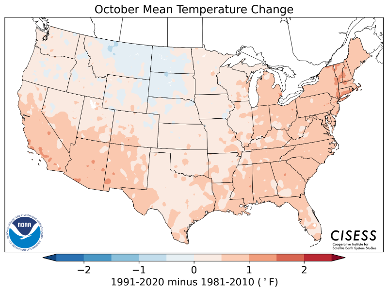 1981-2010 normal October average temperature difference