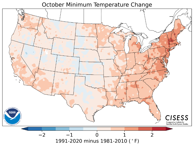 1981-2010 normal October minimum temperature difference