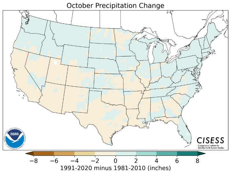 1981-2010 normal October precipitation value difference