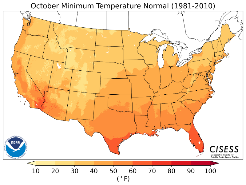 1981-2010 normal minimum temperature October