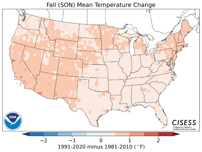 1981-2010 normal autumn average temperature difference