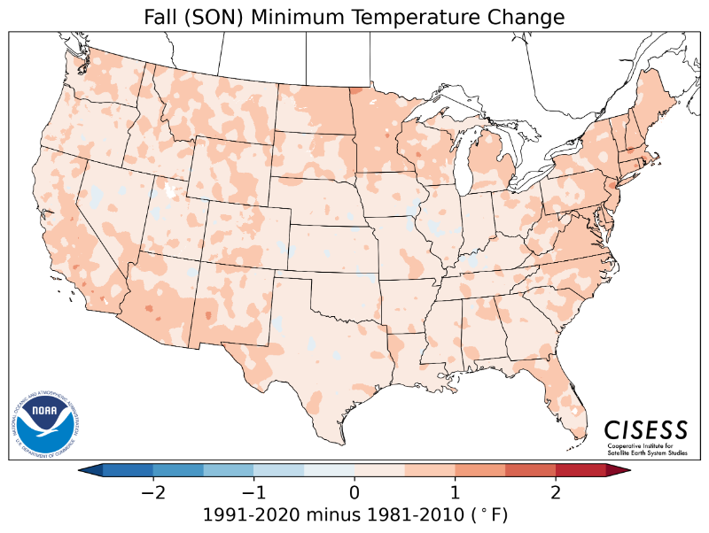 1981-2010 normal autumn minimum temperature difference
