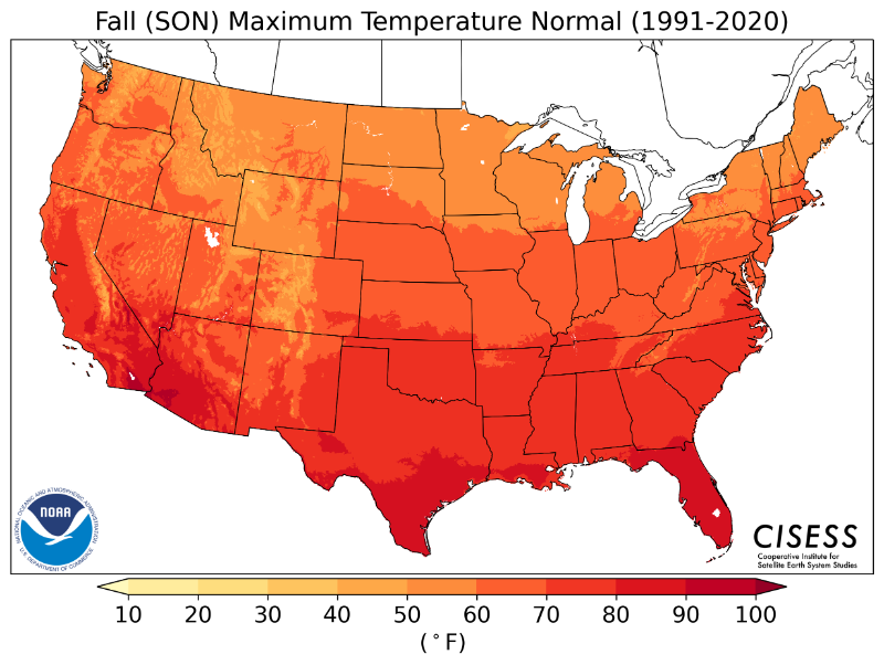 1991-2020 normal autumn maximum temperature