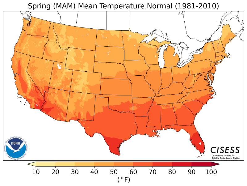 1981-2010 normal spring mean temperature