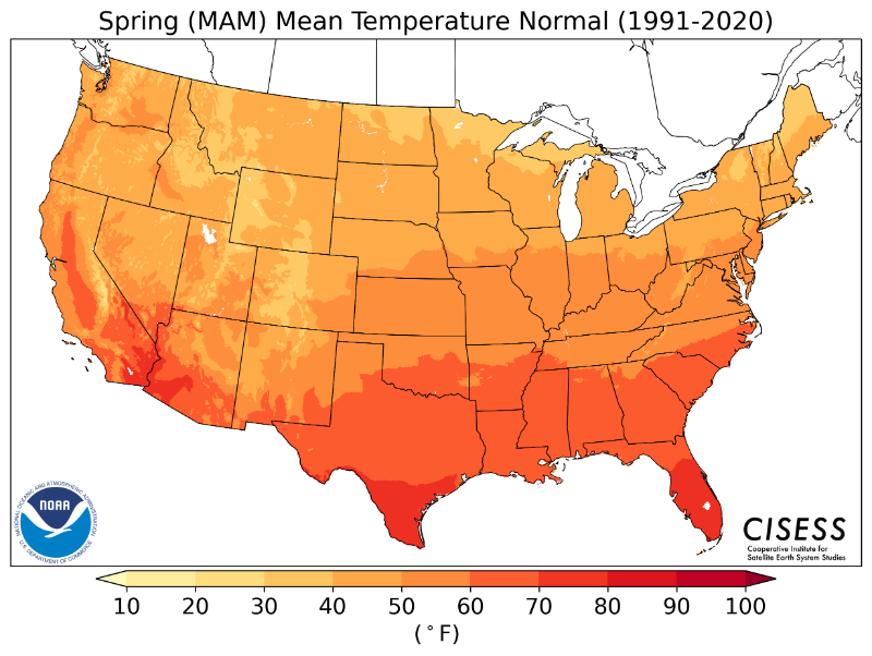 1991-2020 normal spring average temperature