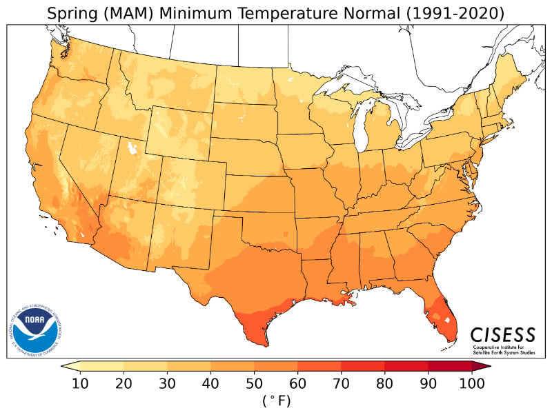 1991-2020 normal spring minimum temperature