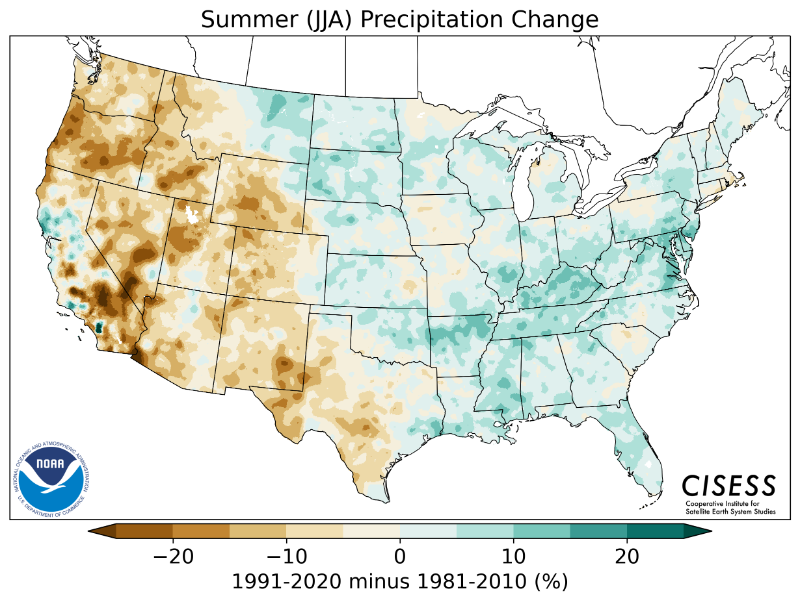 1981-2010 normal summer precipitation percentage difference