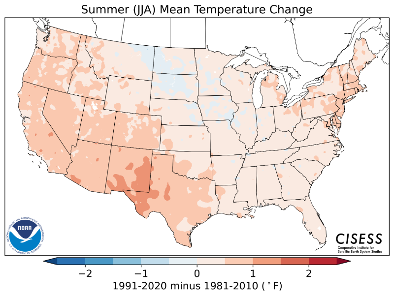 1981-2010 normal summer average temperature difference