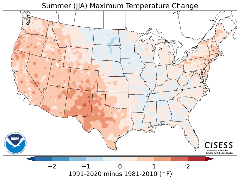 1981-2010 normal summer maximum temperature difference